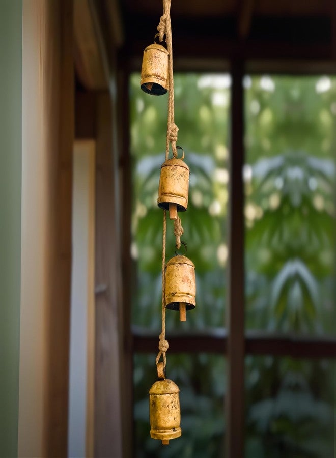 Mie Creations Mie Creation Set of 4 Rustic Vintage Cow Bells Cluster on Jute Rope, Christmas Tree Decorations, Handmade Metal Harmony Cowbells, Shabby Chic Wall Hanging, Holidays Wreath decor - Antique Gold 34 inch - Image 4